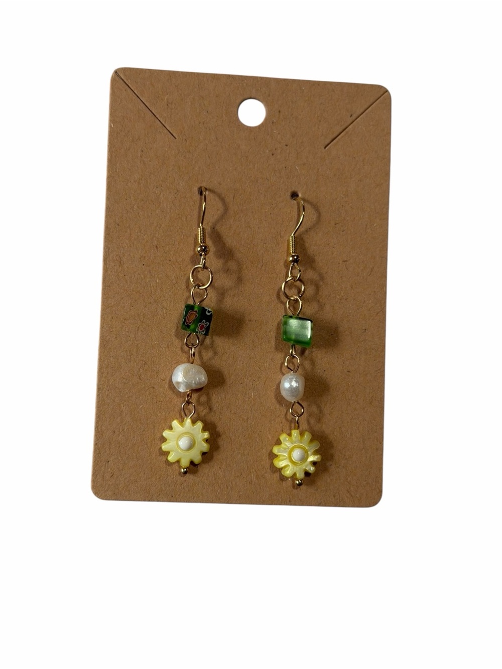Yellow Flower Drop Earrings with Green Accent